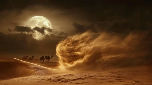 Camels in Desert Under Moonlight