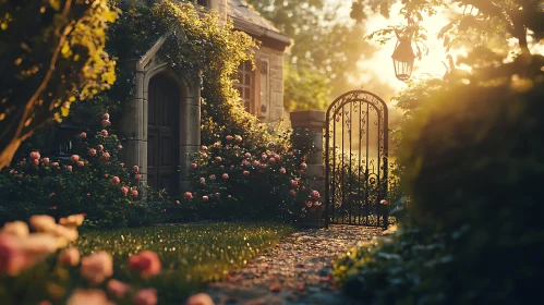 Sunlit Roses and Wrought Iron Gate