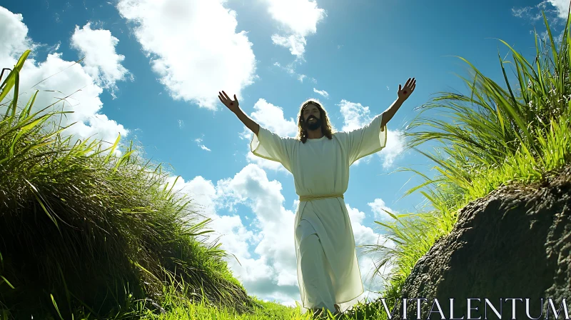 Figure in White Robe with Open Arms AI Image