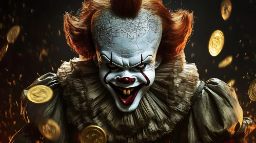 Menacing Clown with Fiery Hair and Coins