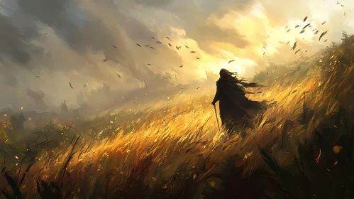 Figure in Golden Field at Sunset