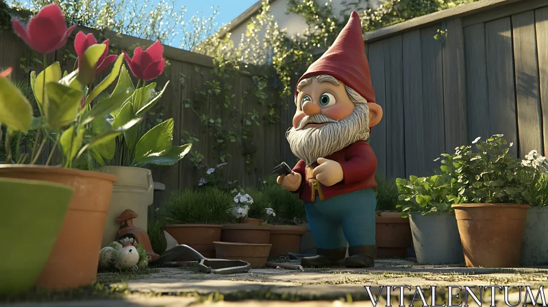 Whimsical Gnome in Sunny Garden AI Image