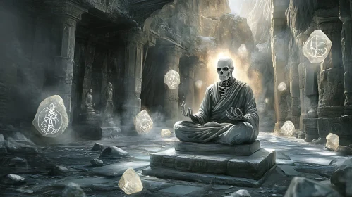 Meditating Skeleton Monk in Ancient Temple