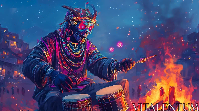 Nightly Rhythm of the Skeleton Drummer AI Image