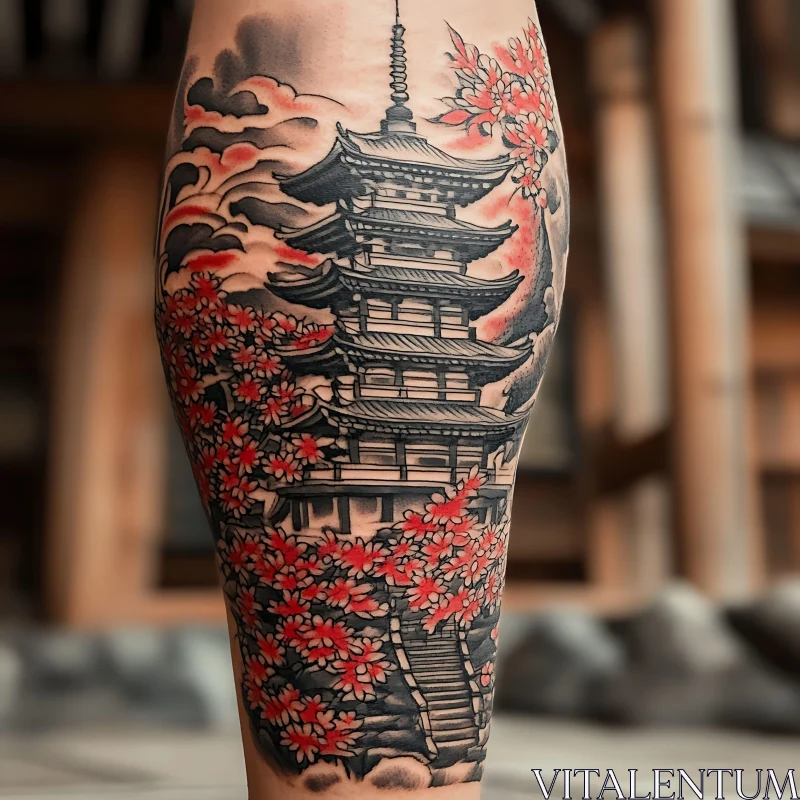 Traditional Pagoda Tattoo with Red Cherry Blossoms AI Image