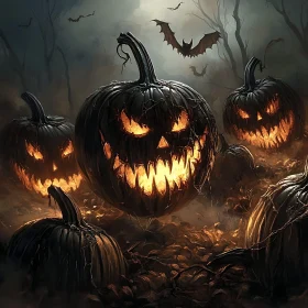 Spooky Jack-o'-Lanterns in Dark Forest