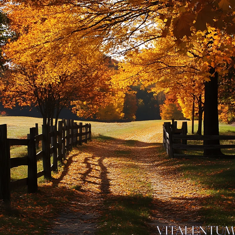 Scenic Autumn Landscape with Wooden Fence AI Image