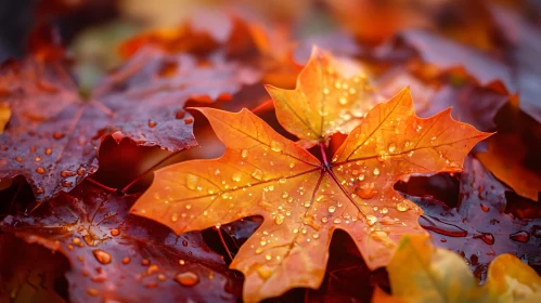 Autumn Leaves with Water Droplets Close-up