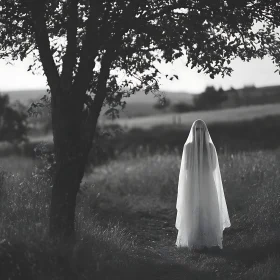 Monochrome Ghostly Figure by a Tree