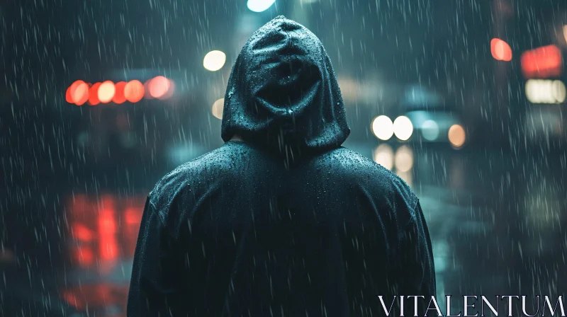 AI ART Hooded Figure in Rain Soaked City