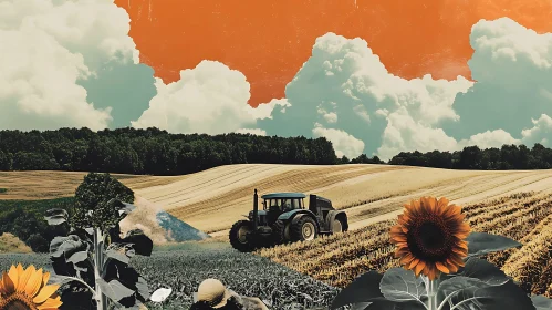 Retro Farm Collage with Sunflowers