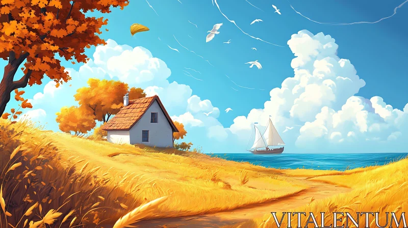 Autumnal Coastal Scenery with House and Sailboat AI Image