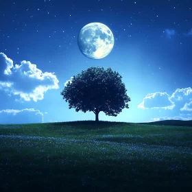 Solitary Tree Under the Moon