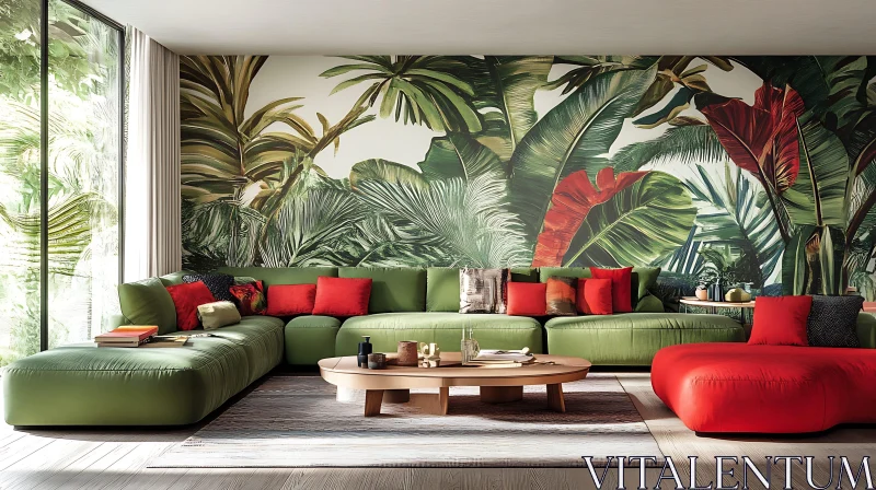 Green Sofa with Tropical Wallpaper AI Image