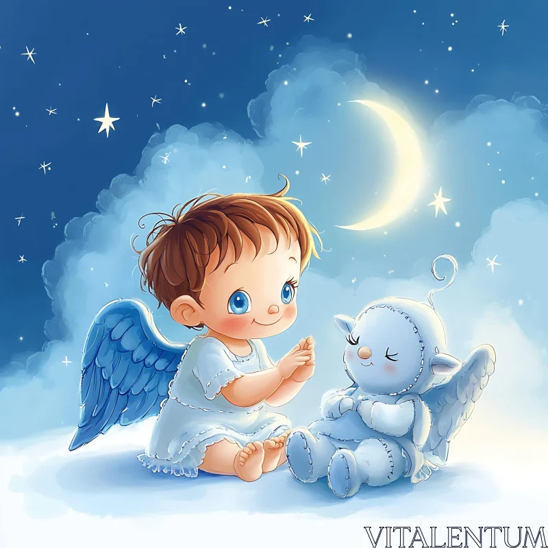 AI ART Dreamy Angel and Sheep Under the Moon