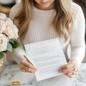 Woman with Document and Roses