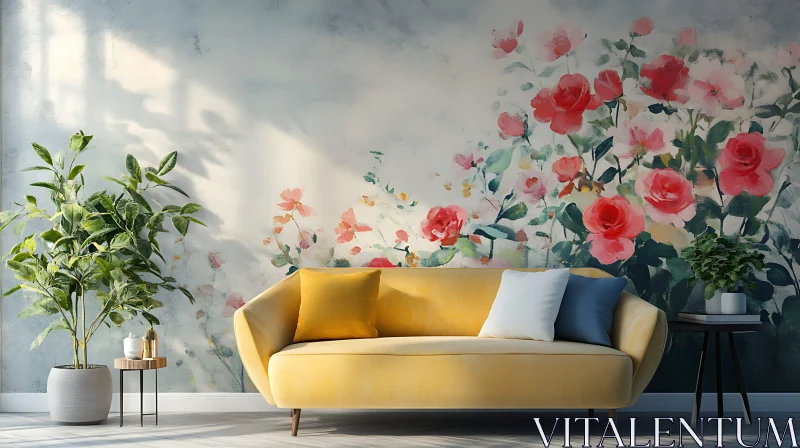 AI ART Cozy Living Room with Floral Wall