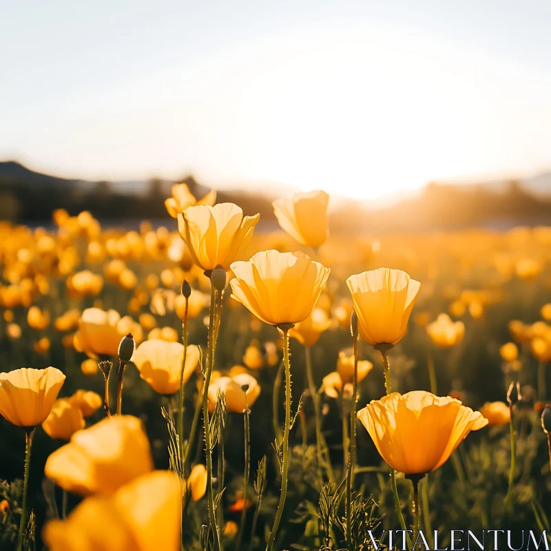 AI ART Sunset Over a Field of Yellow Poppies