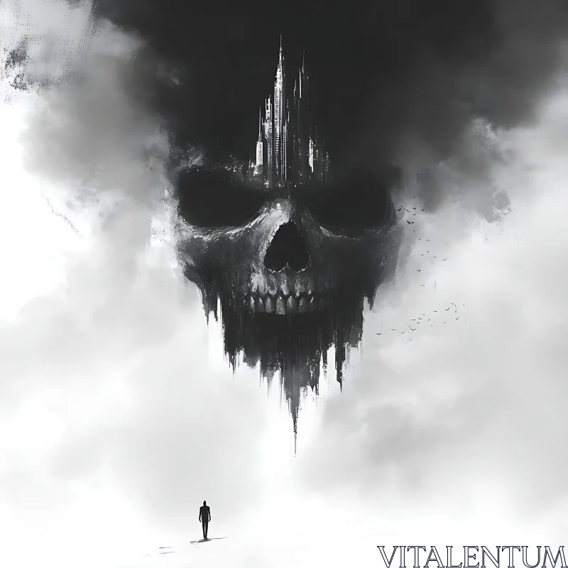 AI ART Monochrome Skull and Castle Illustration