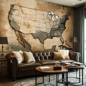 Cozy Interior with Wooden Map of USA