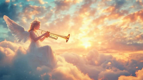 Heavenly Angel Playing Trumpet in Clouds