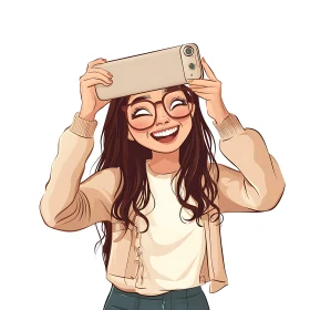 Smiling Cartoon Girl with Smartphone