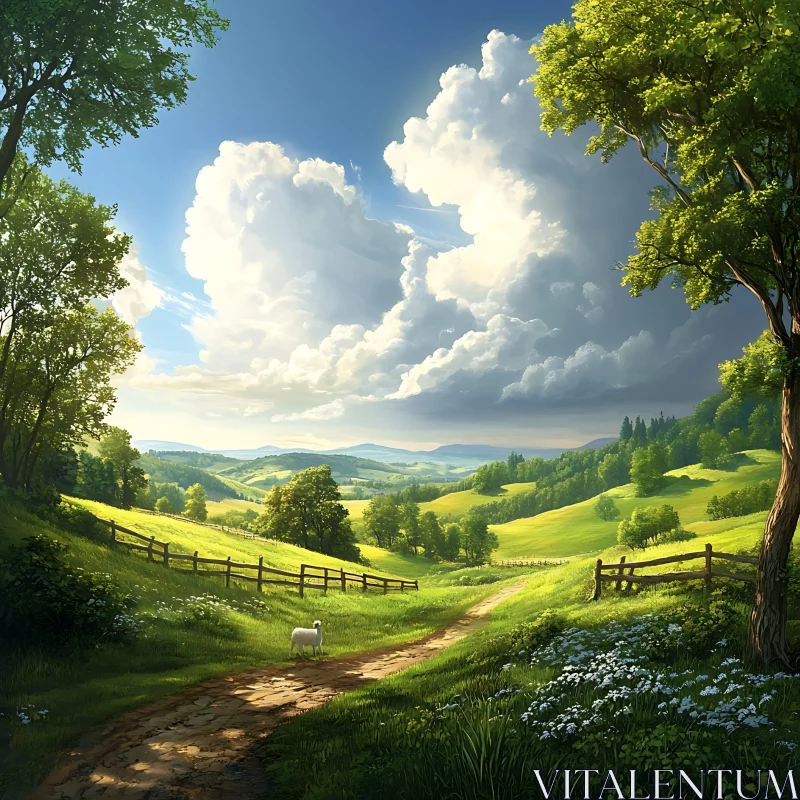 Peaceful Countryside Scene with Grazing Sheep AI Image