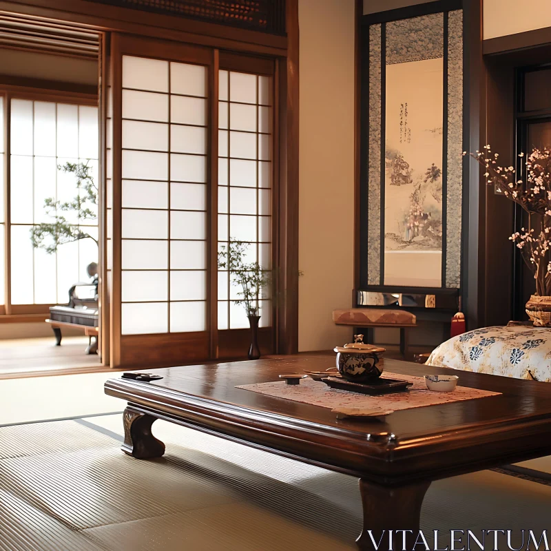 AI ART Traditional Japanese Room with Tea Table