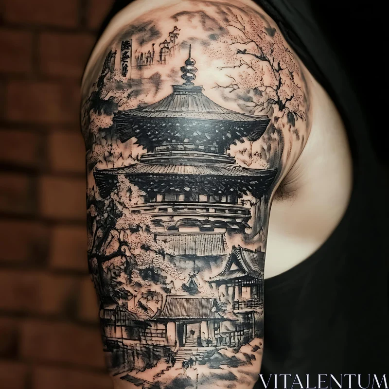 Detailed Pagoda and Cherry Blossom Tattoo AI Image