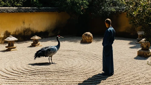 Crane in Contemplative Zen Garden