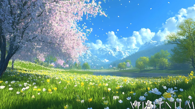 Scenic Spring Landscape with Blossoms AI Image