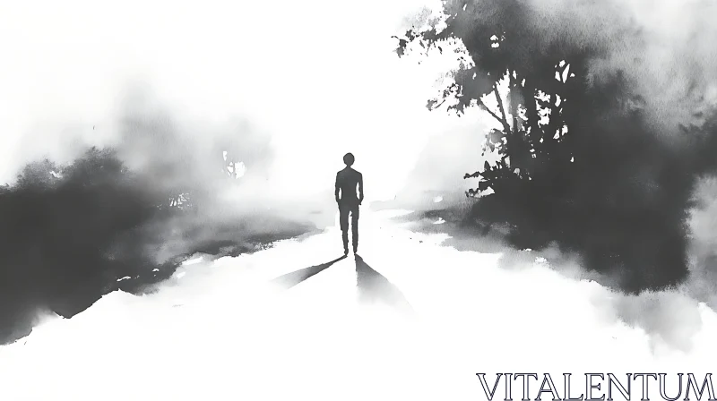 AI ART Monochrome Silhouette in Misty Landscape