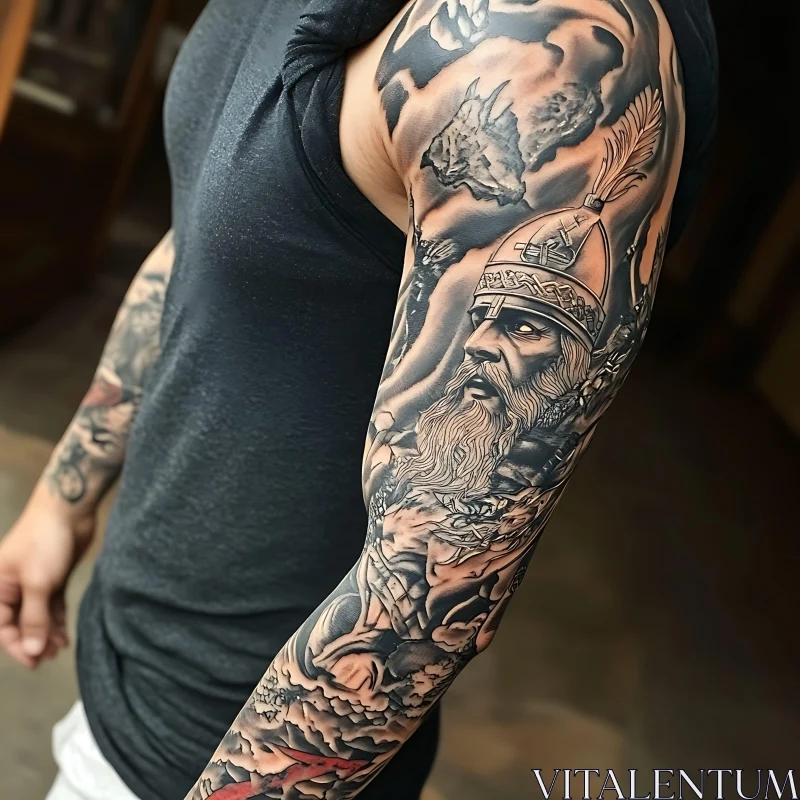 Intricate Arm Sleeve Tattoo of a Viking AI Image