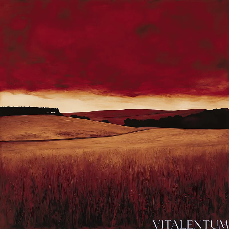 AI ART Crimson Sky Over Golden Field Artwork