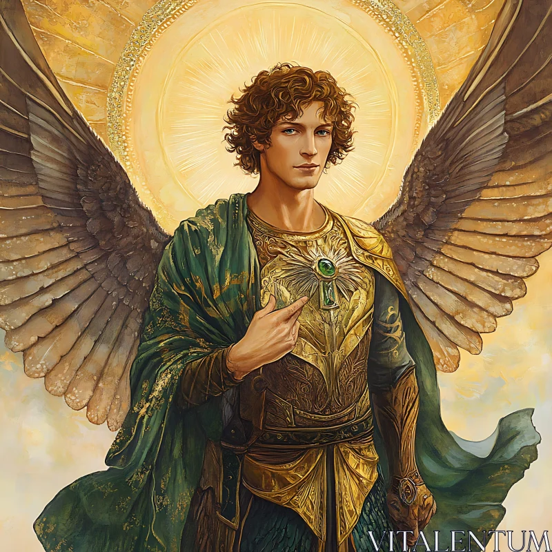 Winged Guardian Angel with Emerald Jewel AI Image