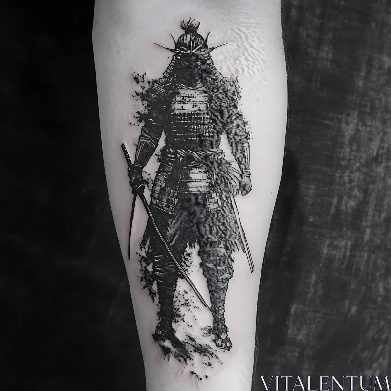 Black Ink Samurai Tattoo on Forearm AI Image