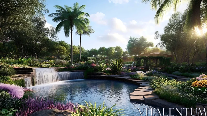 Serene Waterfall and Pond Garden View AI Image