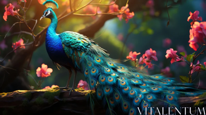 Colorful Peacock Amidst Blossoming Trees in Forest Art AI Image