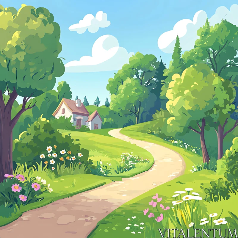 Peaceful Countryside Scene with House AI Image