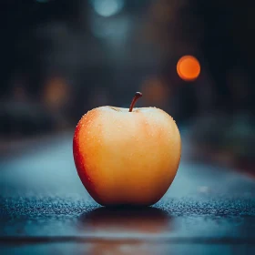 Dew-Kissed Apple on Wet Pavement