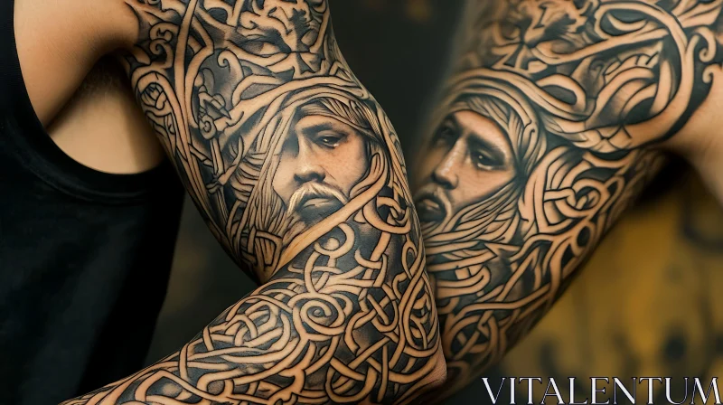 Detailed Arm Sleeve Tattoo with Portrait and Swirling Designs AI Image