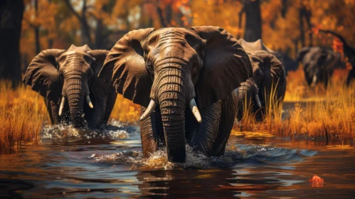 Elephants Walking through Water - Realistic Hyper-Detailed Rendering