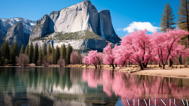 Enchanting Pink Flowers and Sparkling Water Reflections in a Mountainous Landscape AI Image