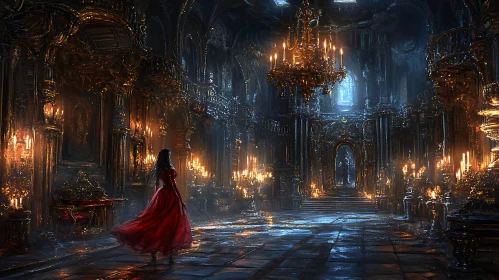 Grand Hall with Chandelier and Red Dress