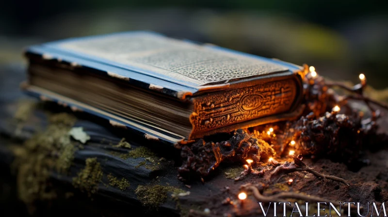 Mystical Forest: Antique Book Bathed in Ethereal Gold AI Image