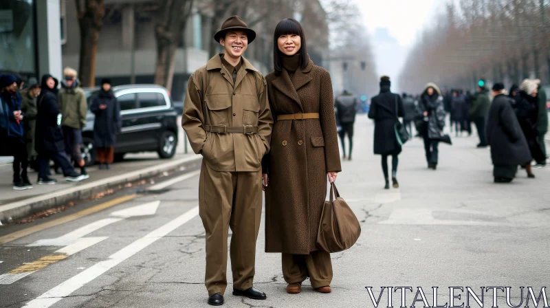 Stylish Man and Woman in Brown Outfits on a City Street AI Image
