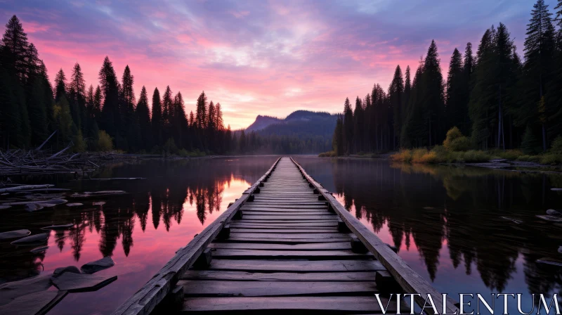 Wooden Bridge at Sunrise - A Tranquil Wilderness Scene AI Image