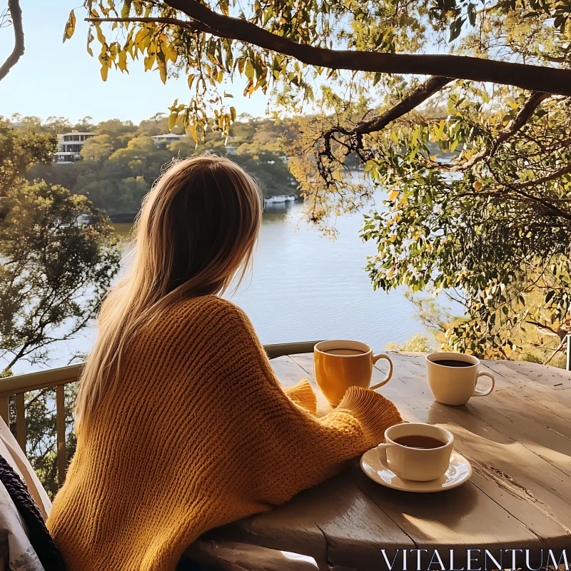 Serene Lakeside Coffee Moment AI Image