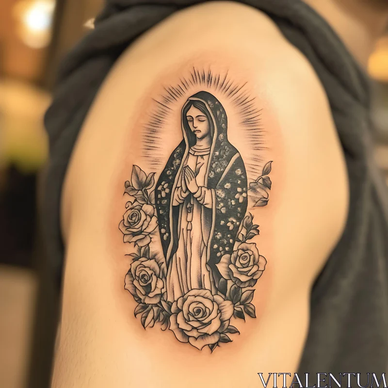 Elegant Virgin Mary Tattoo with Roses AI Image