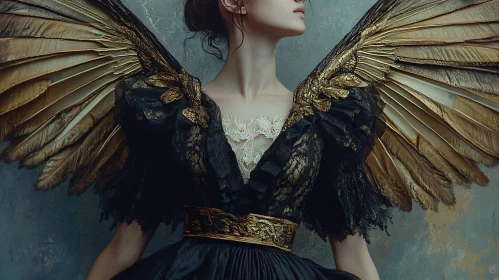 Woman with Wings in Black Dress